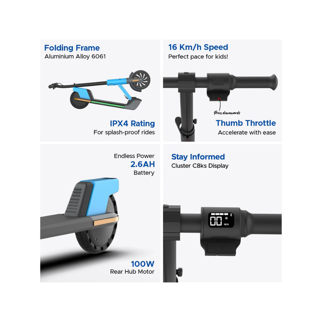 EMotorad Lil E Junior Electric Kick Scooter Foldable Aluminum Alloy Frame Sporty Blue