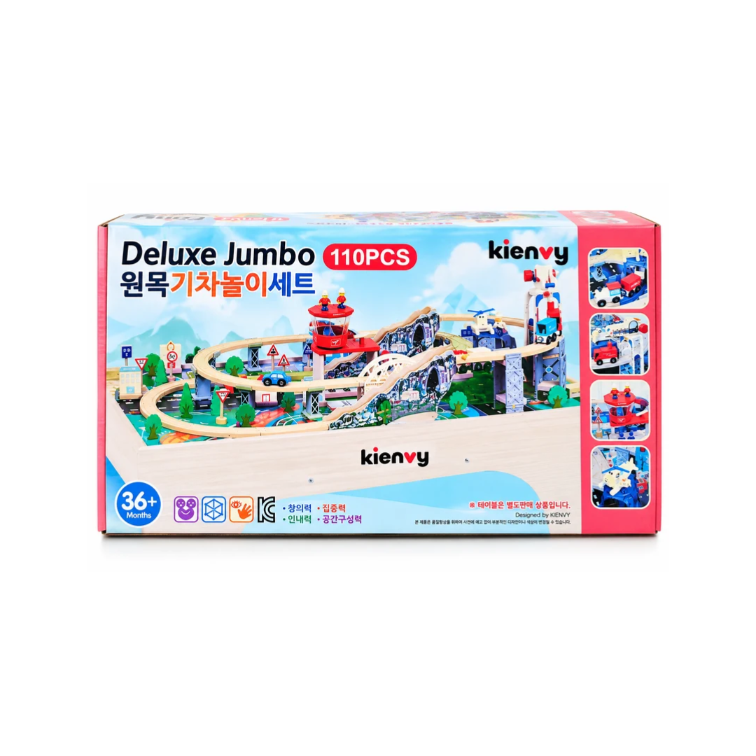 Kienvy Deluxe Jumbo 110 PCS Wooden Train & Railway Play Set for Kids