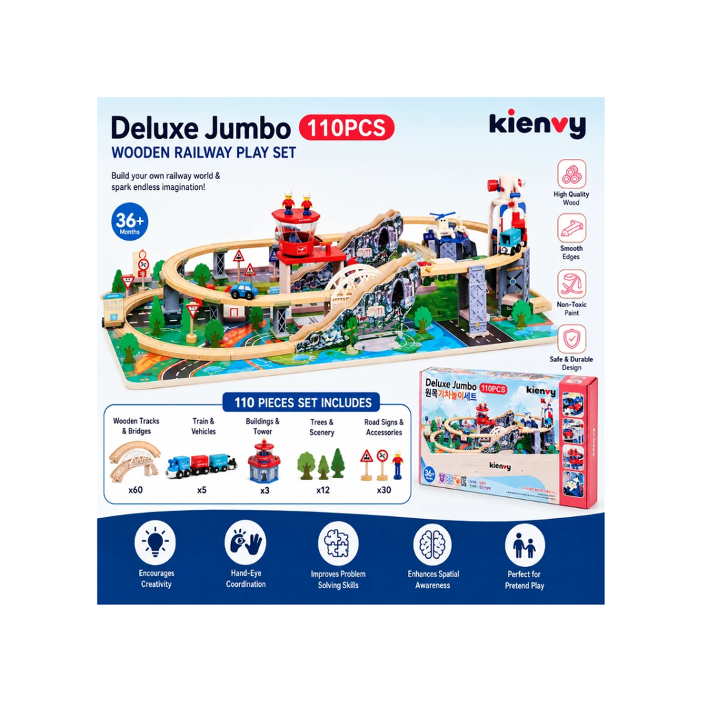 Kienvy Deluxe Jumbo 110 PCS Wooden Train & Railway Play Set for Kids
