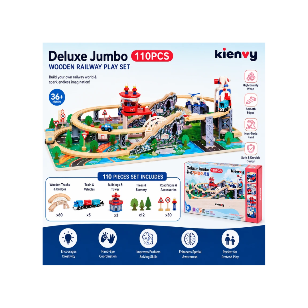 Kienvy Deluxe Jumbo 110 PCS Wooden Train & Railway Play Set for Kids