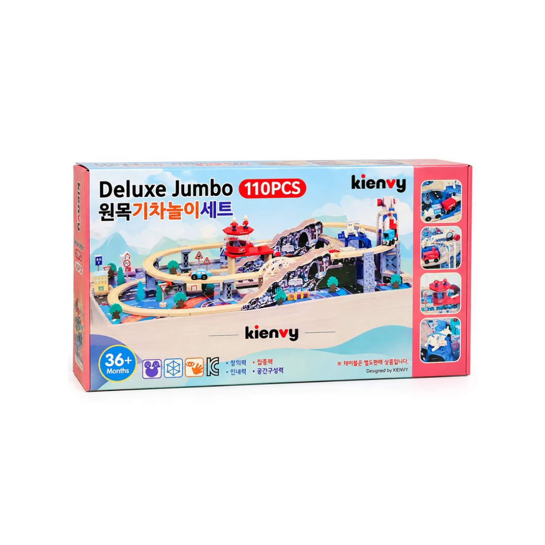 Kienvy Deluxe Jumbo 110 PCS Wooden Train & Railway Play Set for Kids