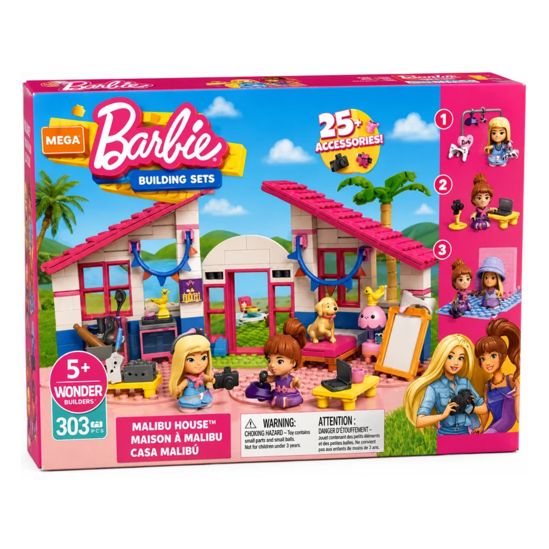 MEGA Barbie Malibu House Building Set – 303 Pieces with 2 Mini Dolls & 25+ Accessories, 5Y+
