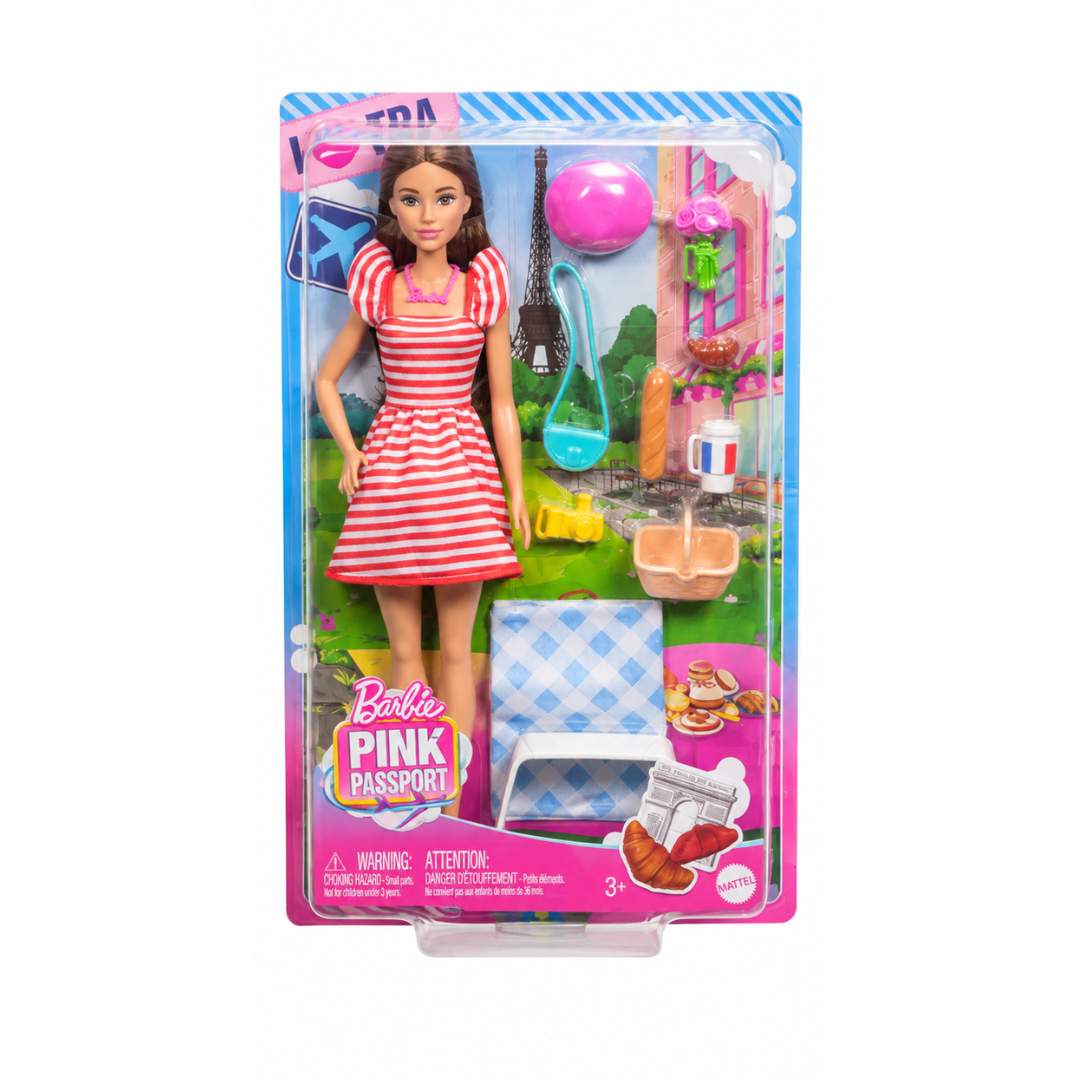 Mattel Barbie Pink Passport Paris Doll Set With Clothes & Picnic Accessories