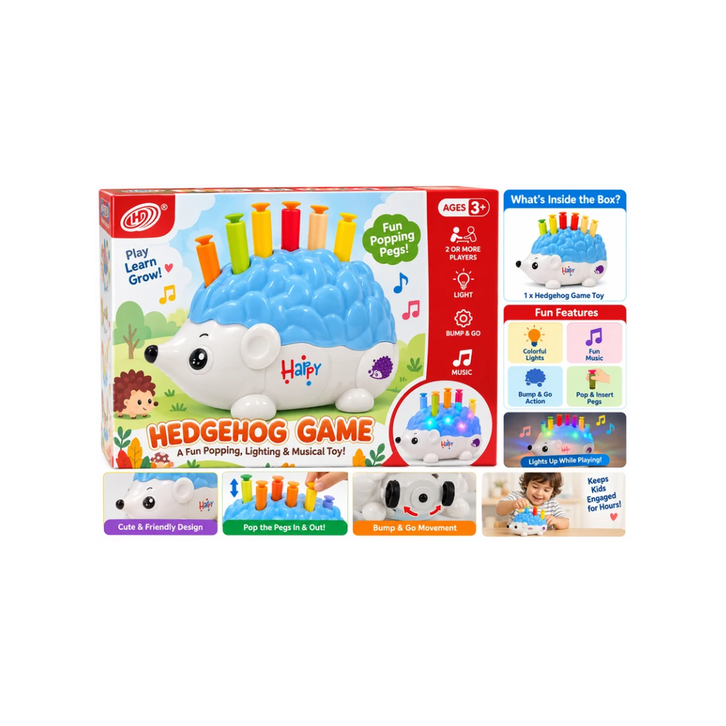 Hedgehog Bump & Go Light-Up Music Toy Car for Kids – 3+ Years
