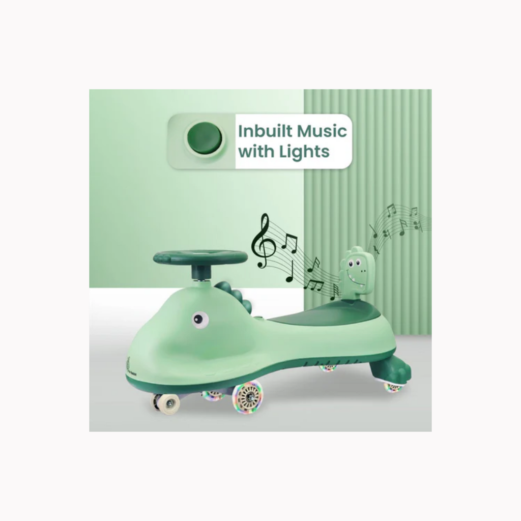R for Rabbit Iya Iya Dino Swing Car for kids Inbuilt Music With Light, PU LED Wheels Sea Green