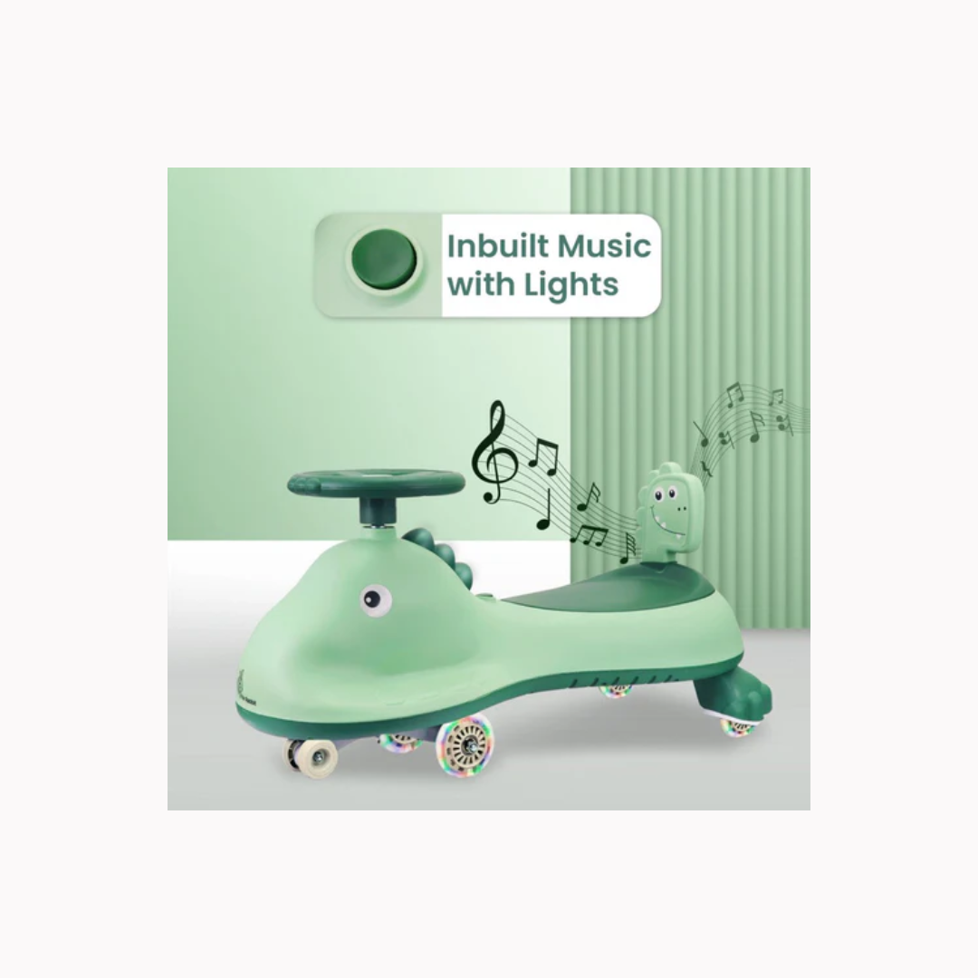 R for Rabbit Iya Iya Dino Swing Car for kids - Inbuilt Music With Light, PU LED Wheels Sea Green