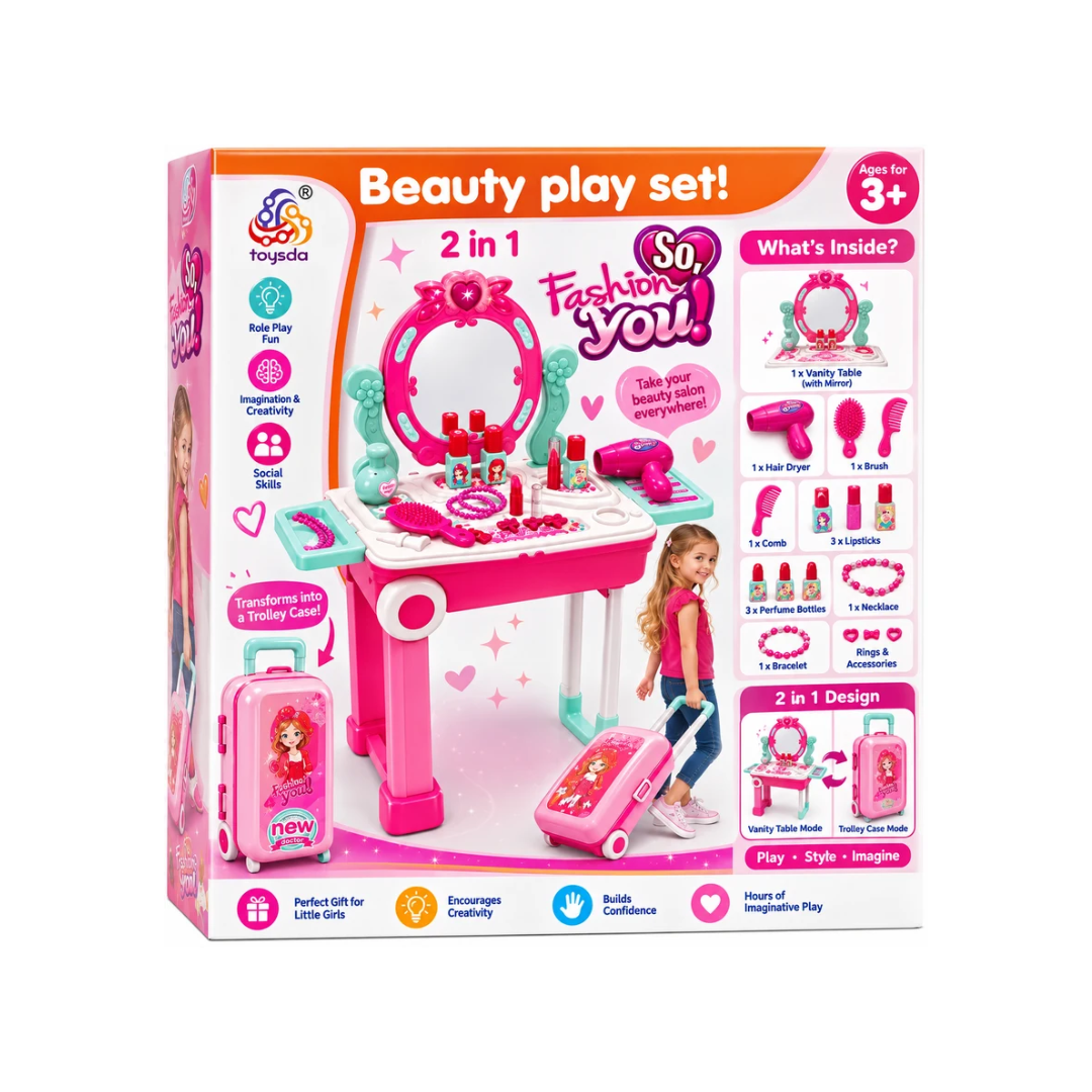 Beauty Play Set 2-in-1 Fashion Makeup & Hair Styling Set for Girls – 3+ Years