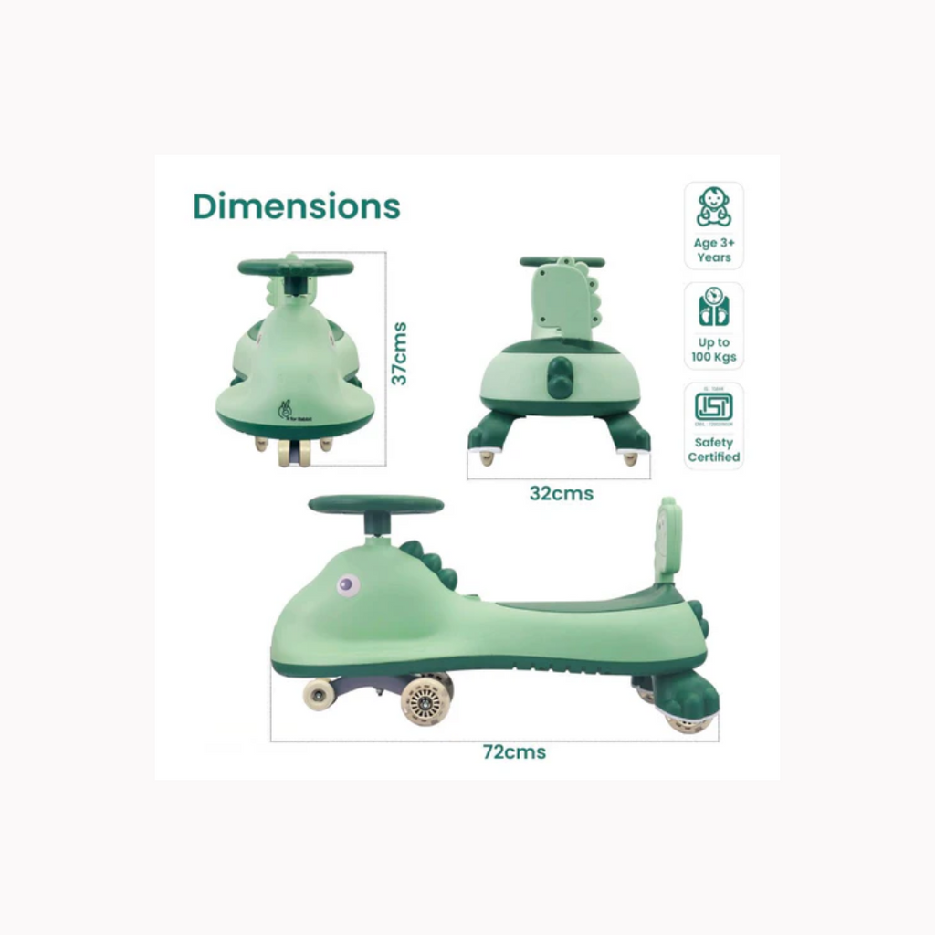 R for Rabbit Iya Iya Dino Swing Car for kids Inbuilt Music With Light, PU LED Wheels Sea Green