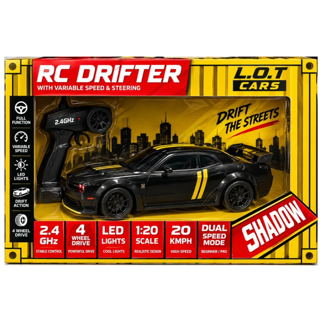 L.O.T Cars Shadow Remote Car Drifter 1:20 – 2.4GHz 4WD Drift Car with LED Lights
