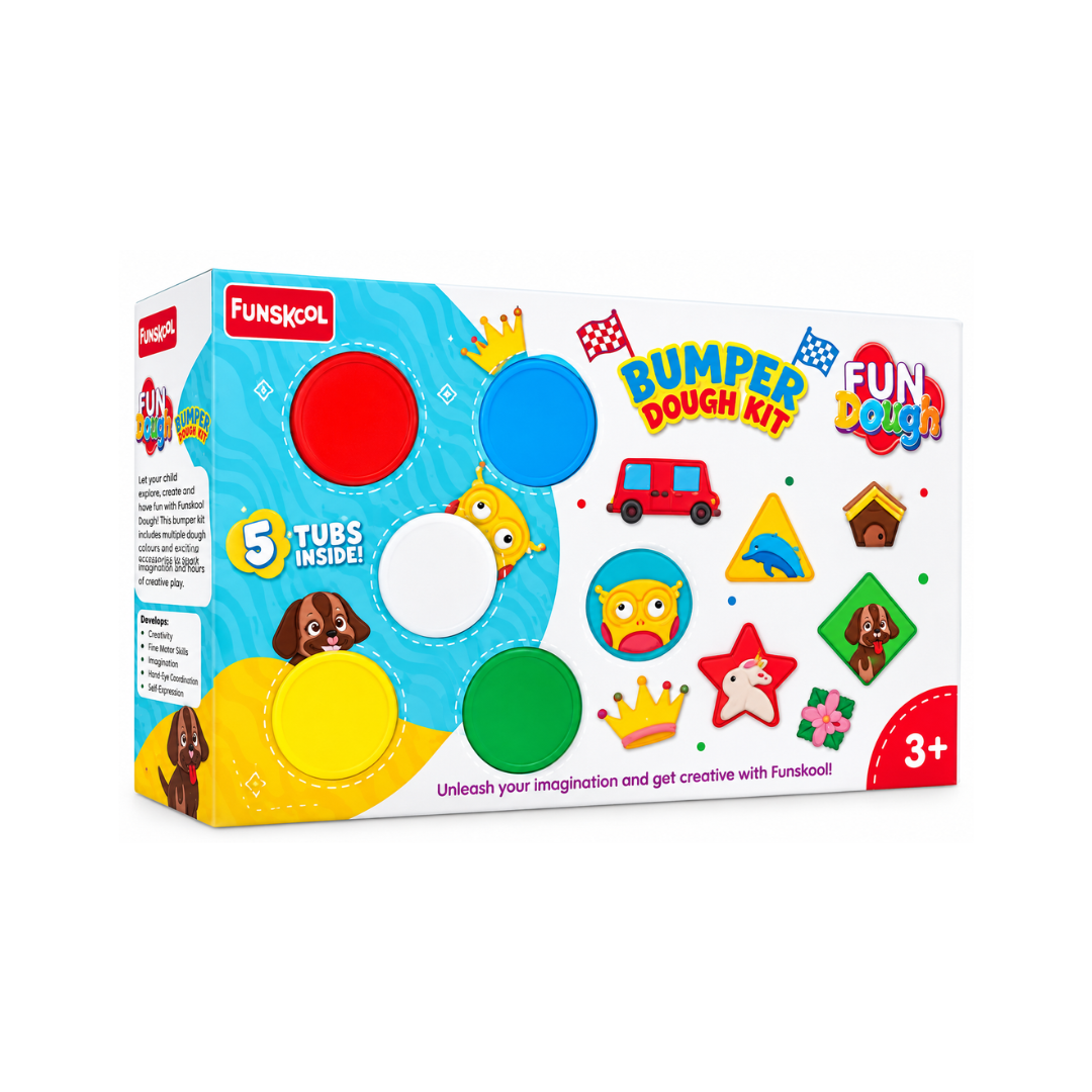 Funskool Fun Dough Bumper Dough Kit with 5 tubs of 75g each & Accessories, 3Y+, Multicolour
