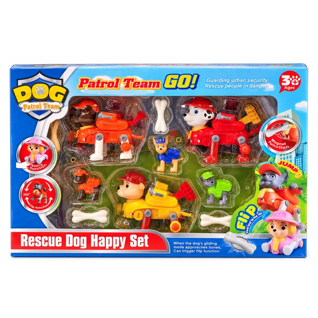 Rescue Dog Happy Set – Patrol Team Interactive Dog Figures with Flip, Slide & Magnet Functio| 3+ Years