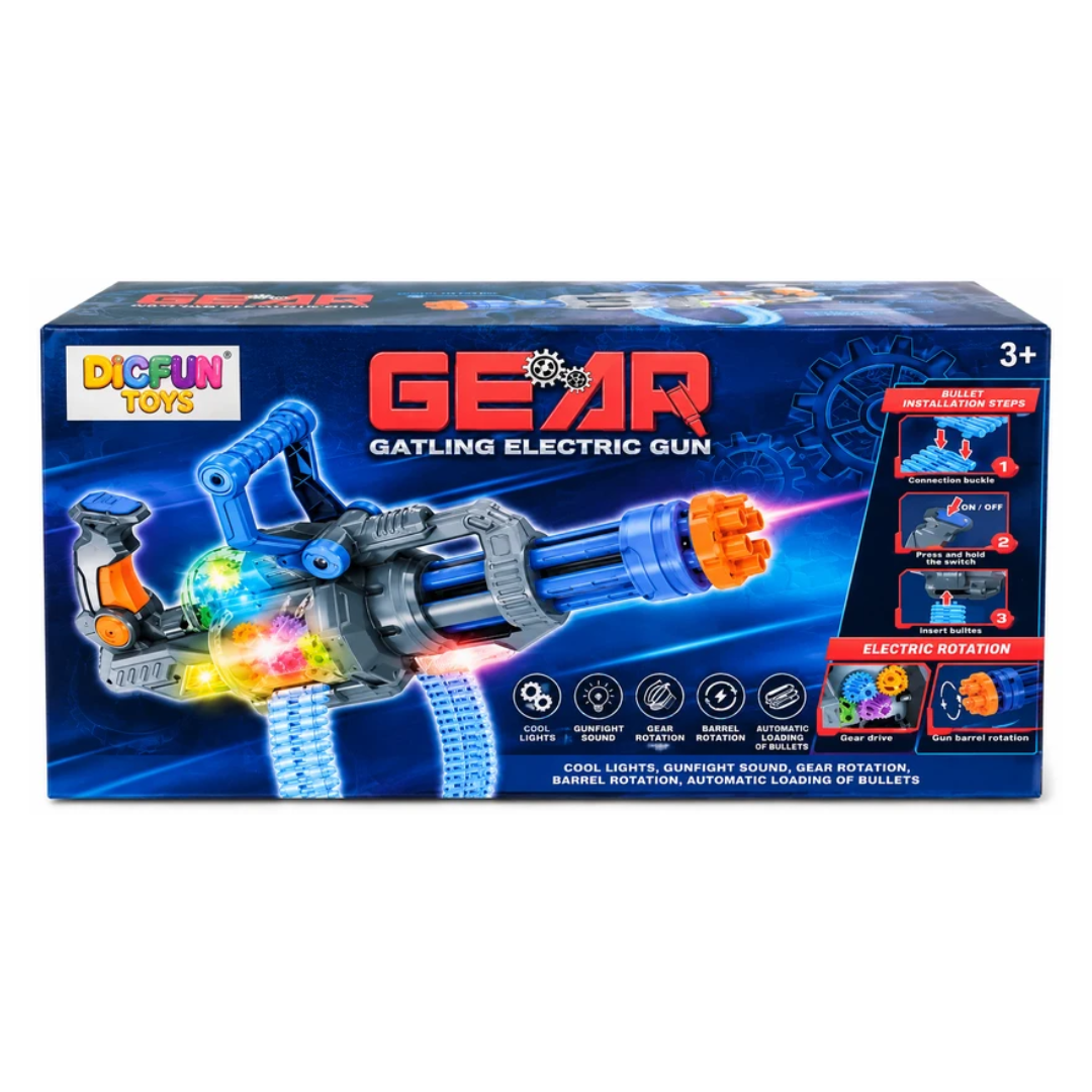 GEAR Gatling Electric Gun with Automatic Bullet Loading, Rotating Barrel, Lights & Sound – Kids Toy Gun | 3+ Years