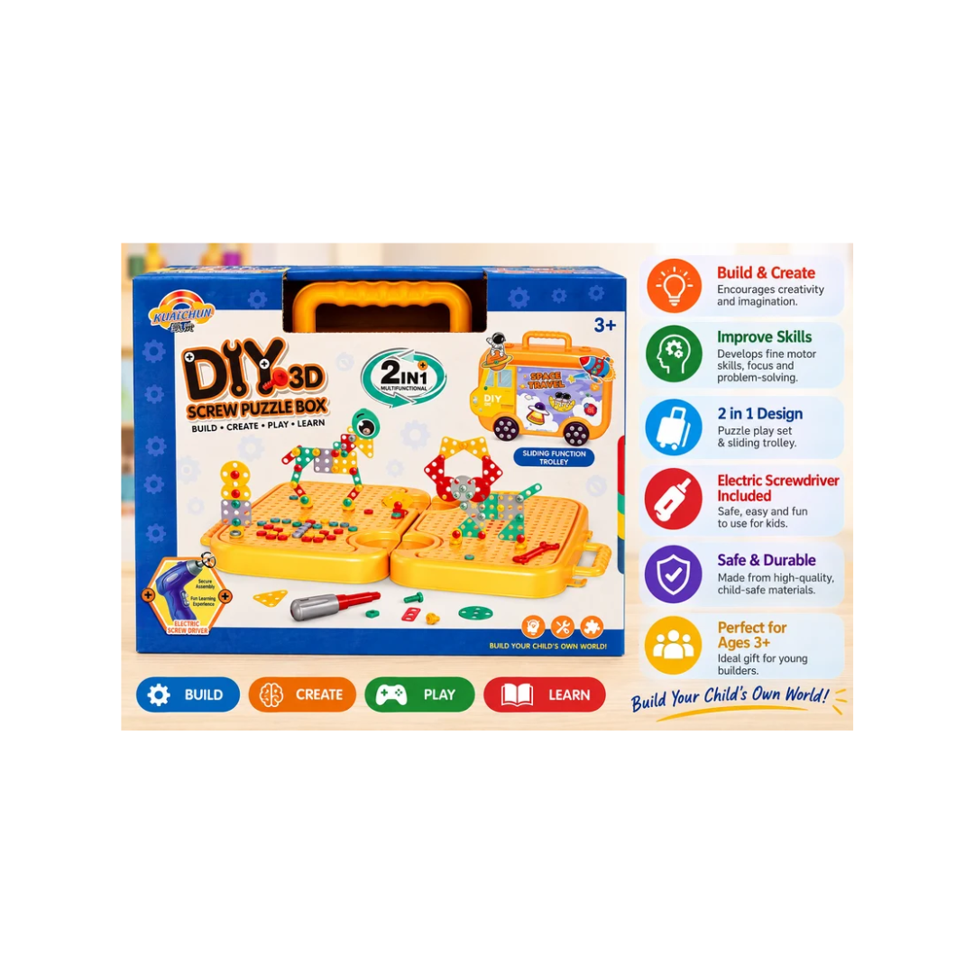 DIY 3D Screw Puzzle Box 2-in-1 with Electric Screwdriver – STEM Building Toy for Kids 3+