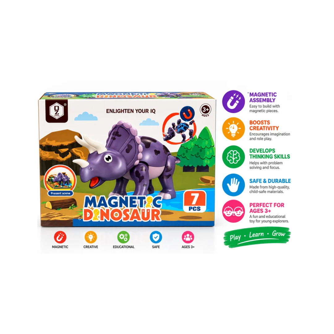 Magnetic Dinosaur Building Toy – Magnetic & Link Dinosaur Construction Set for Kids 3+