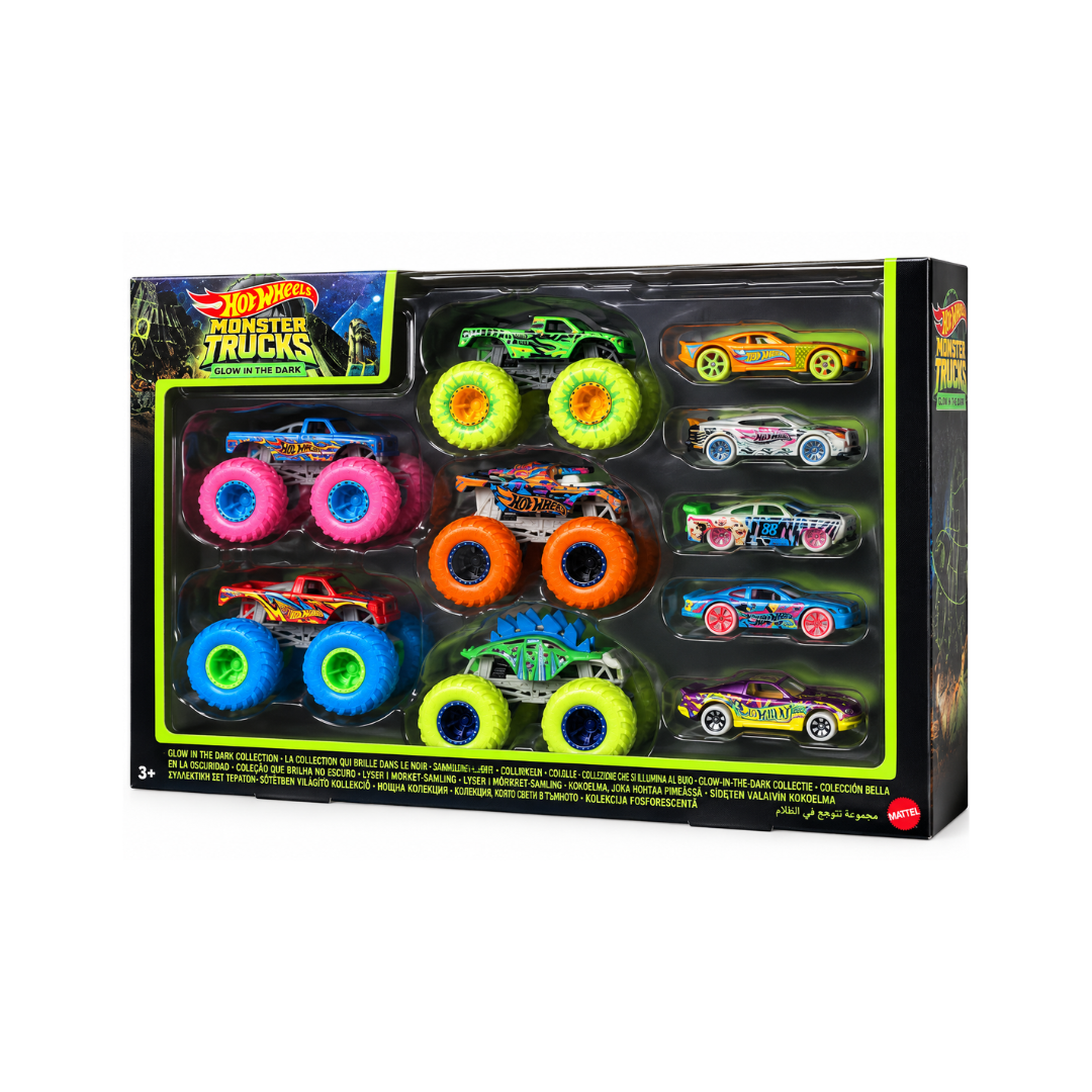 Mattel  Hot Wheels Monster Trucks Glow In The Dark Multipack of 10 Collectible for Gift for Kids Ages 4+