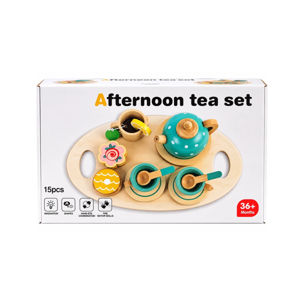 Wooden Afternoon Tea Set 15 Pcs – Pretend Play Tea Set for Kids 3+