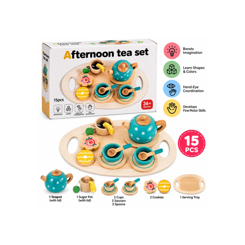 Wooden Afternoon Tea Set 15 Pcs – Pretend Play Tea Set for Kids 3+