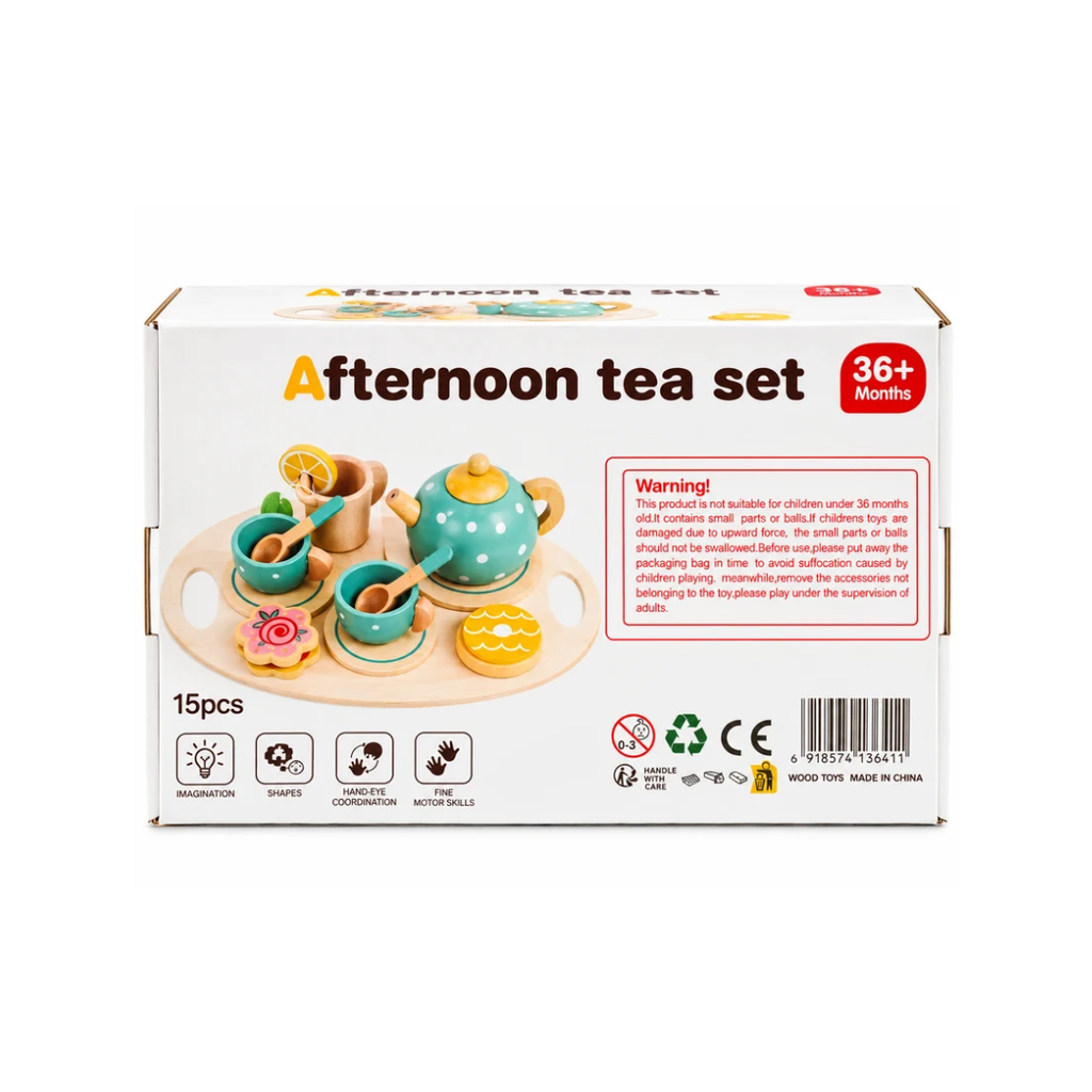 Wooden Afternoon Tea Set 15 Pcs – Pretend Play Tea Set for Kids 3+