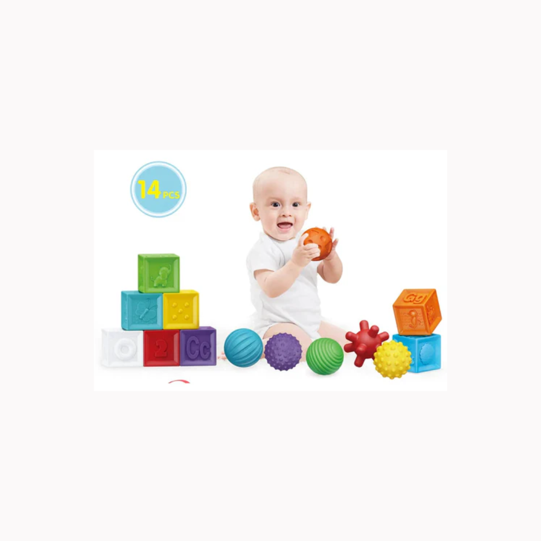 Open Ended Baby's First Soft Sensory Toy Set -Balls & Blocks (14 Pieces)