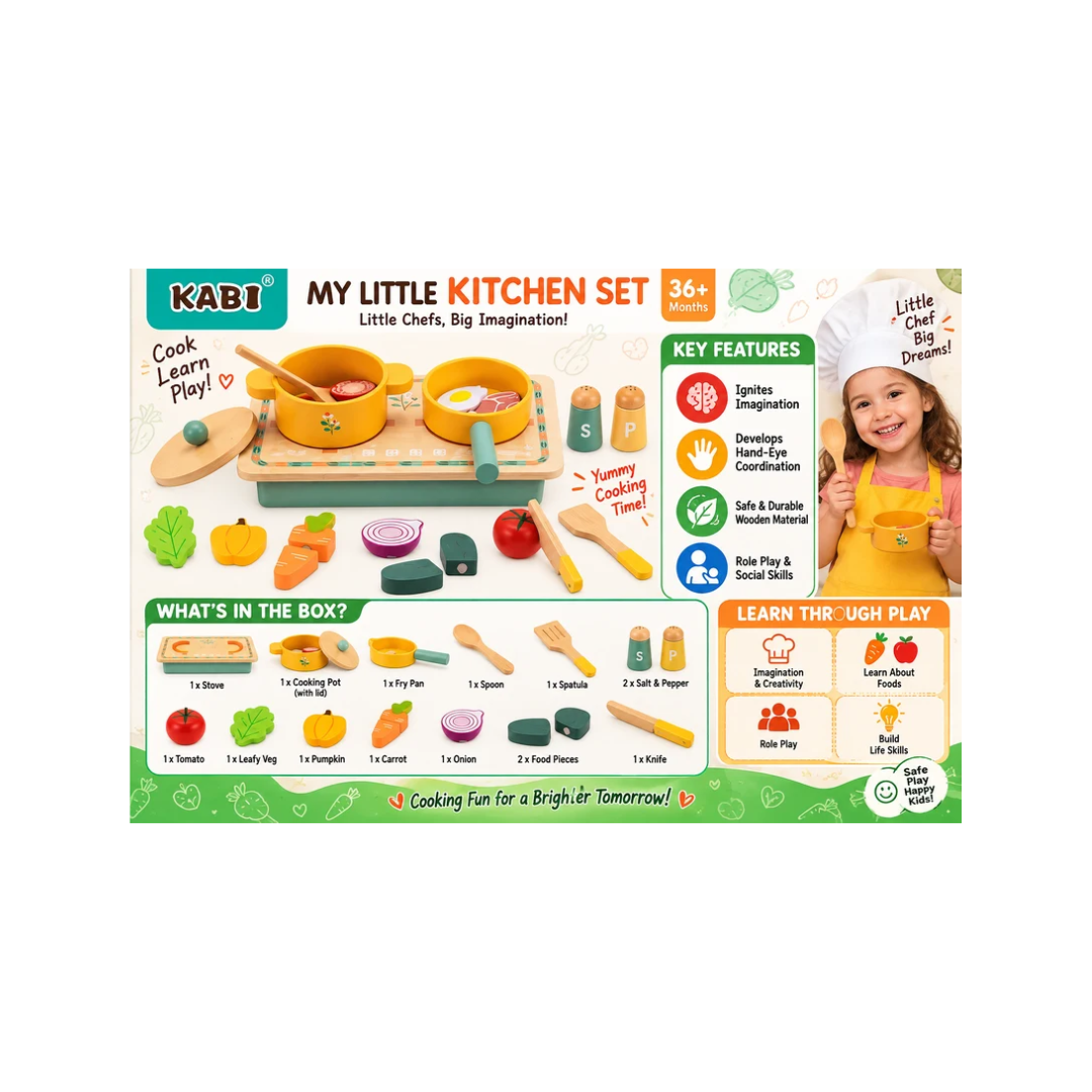 KABI My Little Kitchen Set – Wooden Pretend Cooking & Role Play Set for Kids 36M+