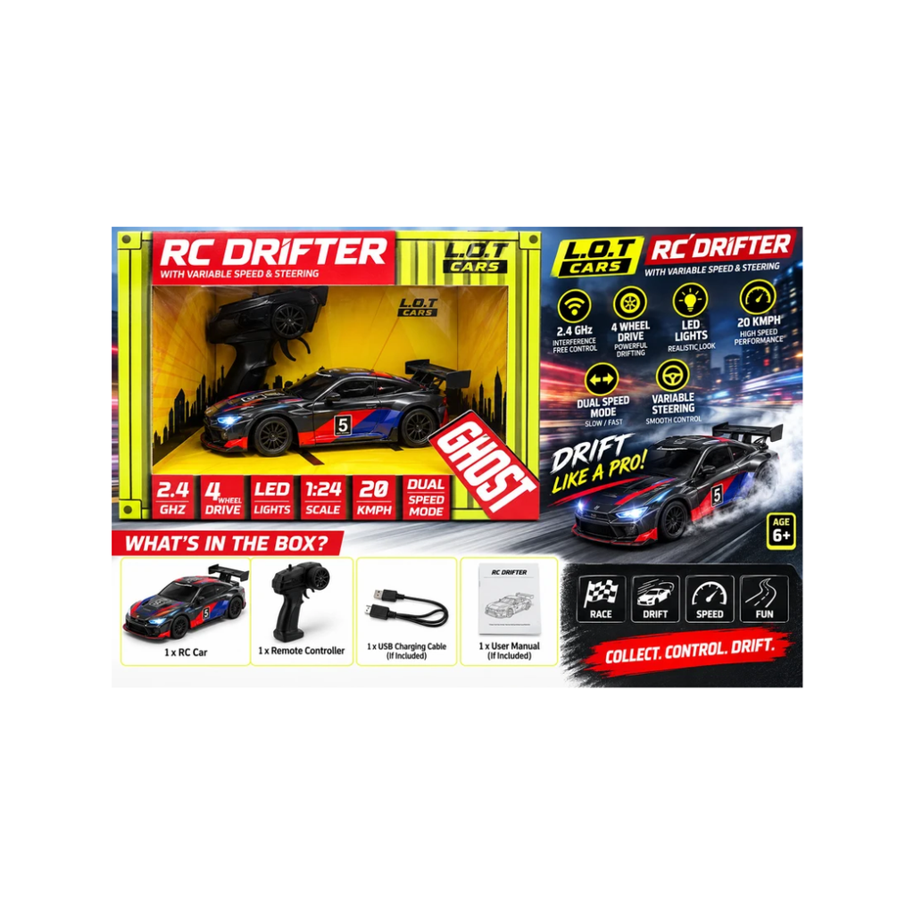 RC Drifter Ghost Racing Car 1:24 Scale – 4WD Remote Control Drift Car with LED Lights & Dual Speed Mode