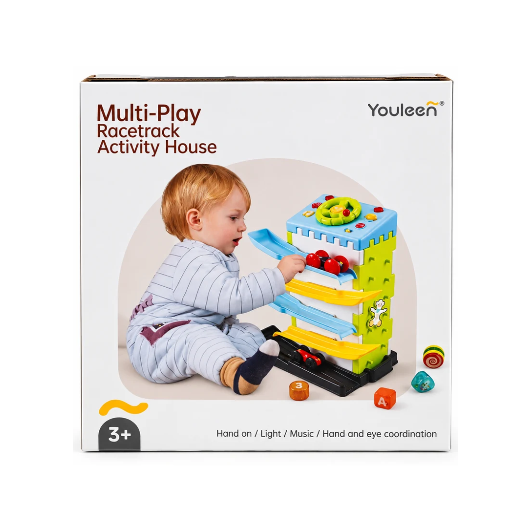 Youleen Multi-Play Racetrack Activity House Toy with Steering Wheel & Car Tracks