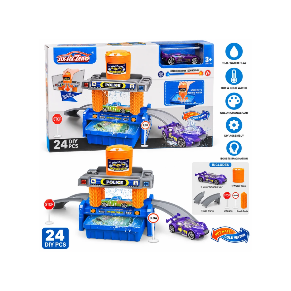 Six-Six-Zero DIY Car Wash Play Set 24 Pcs – Color Changing Car Wash Toy for Kids 3+