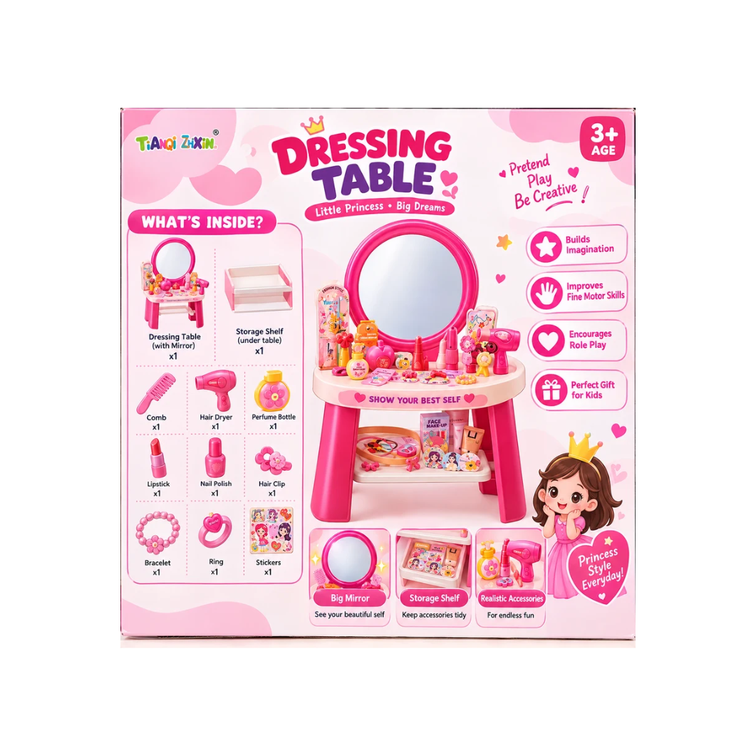 Kids Dressing Table Beauty Play Set with Mirror & Accessories – 53 Pcs Pretend Makeup Set