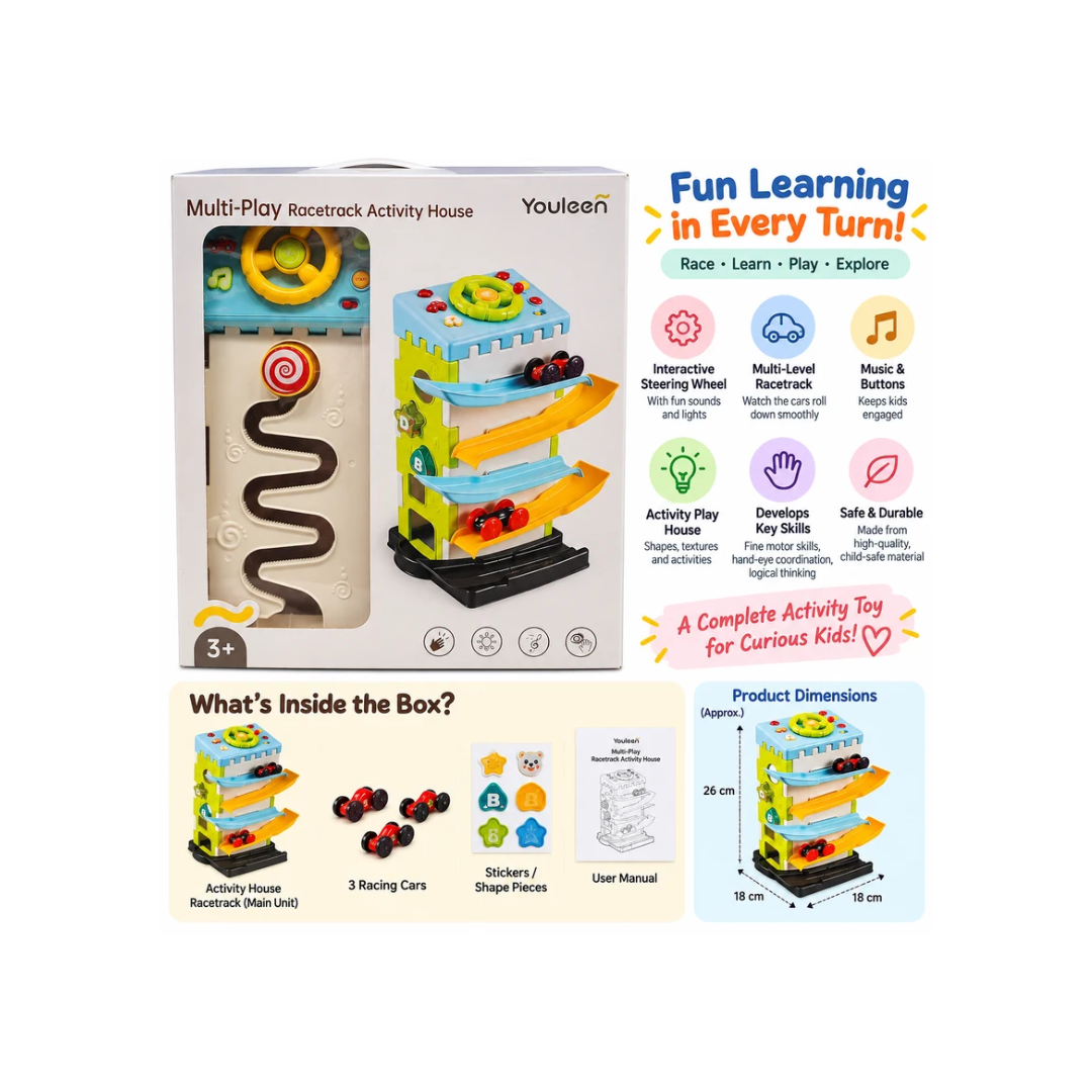 Youleen Multi-Play Racetrack Activity House Toy with Steering Wheel & Car Tracks