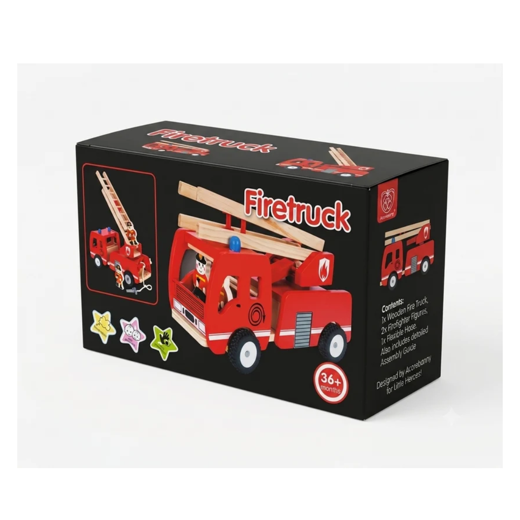 Wooden Fire Engine Toy Truck with Retractable Ladder & Wooden Firemen - Montessori Pretend Play Toy (3+ Years)