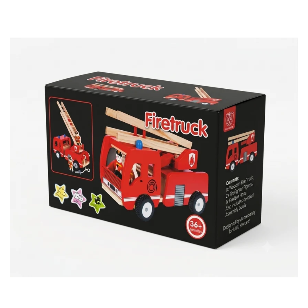 Wooden Fire Engine Toy Truck with Retractable Ladder & Wooden Firemen - Montessori Pretend Play Toy (3+ Years)