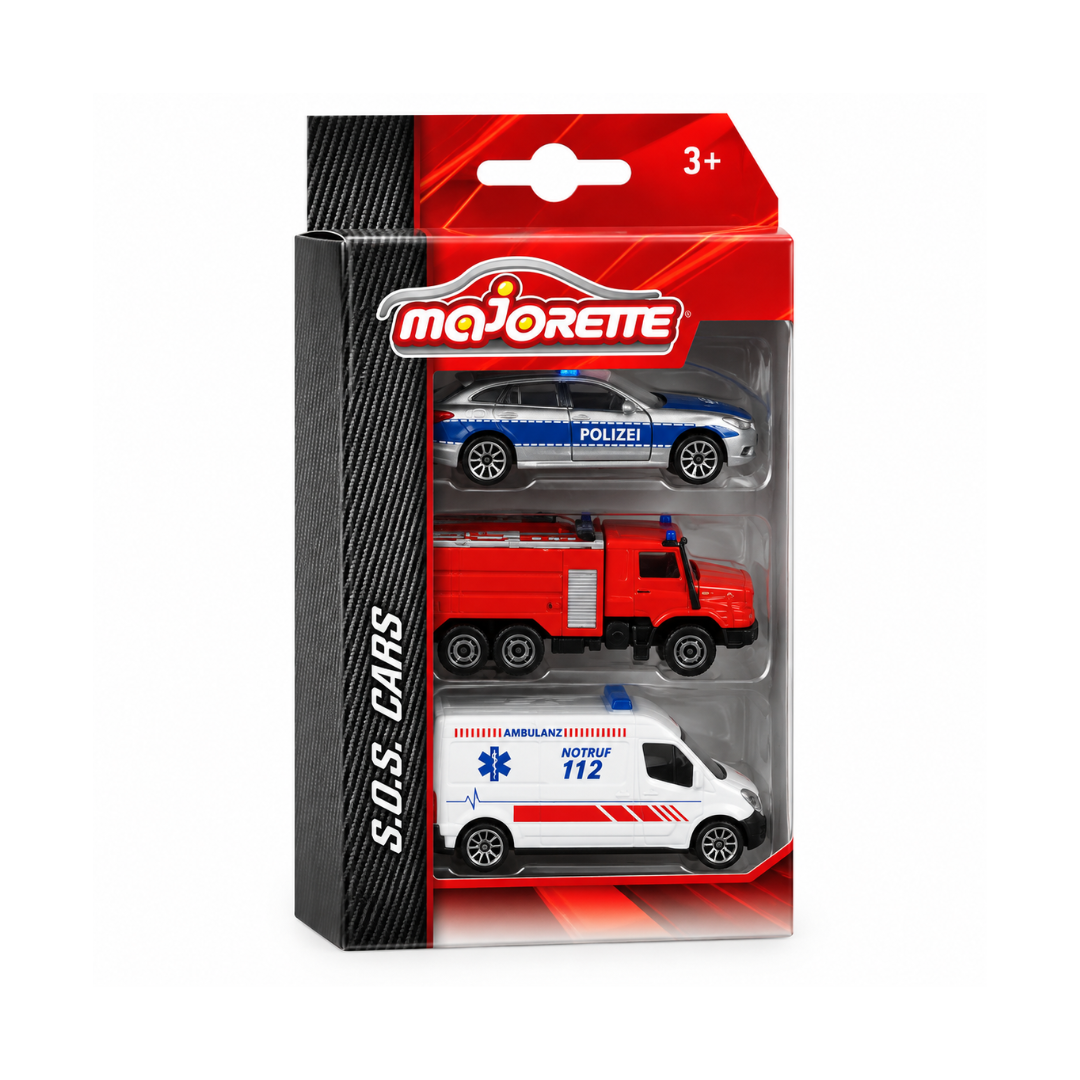 Majorette SOS Cars 3-Piece Die-Cast Vehicle Set – Police, Fire Truck & Ambulance