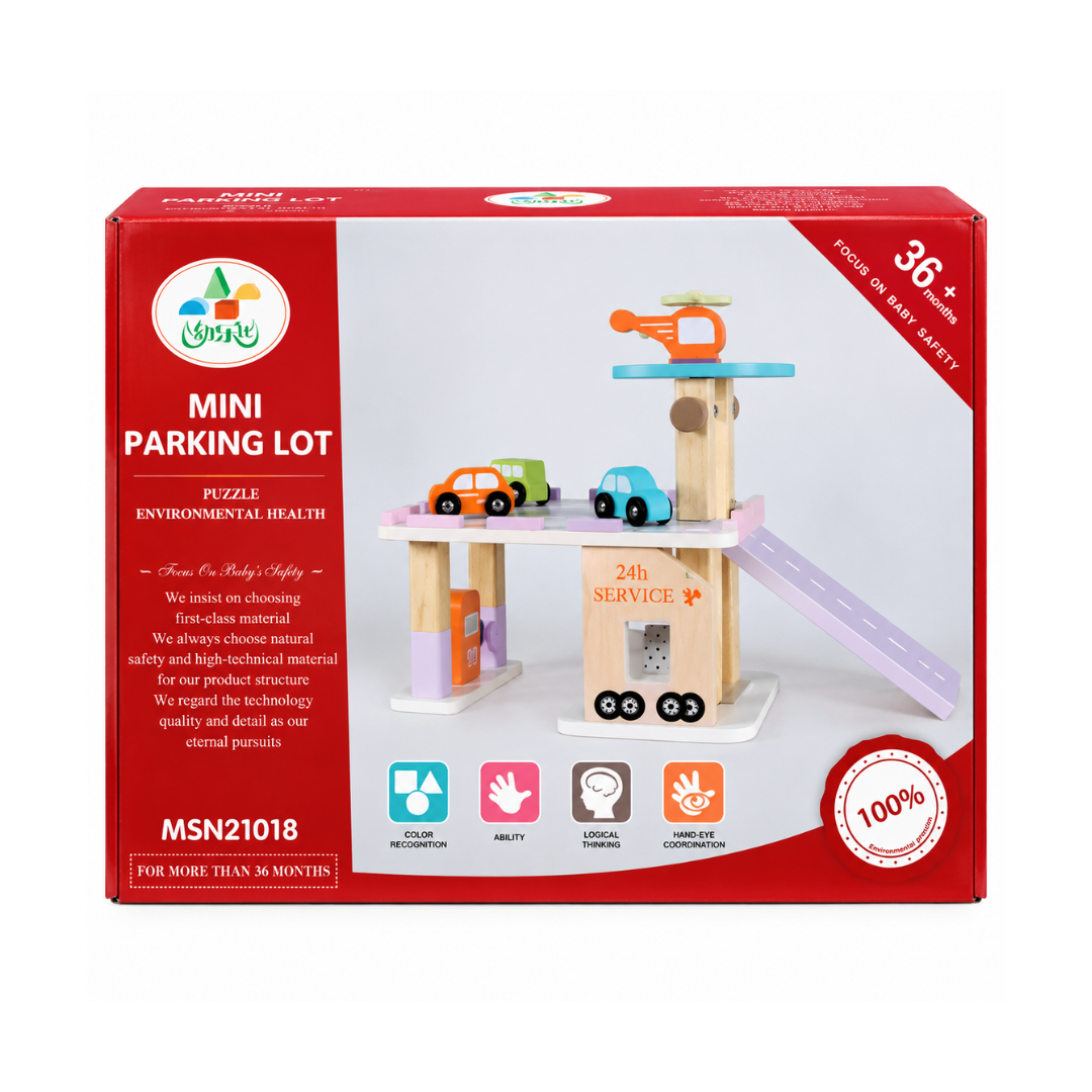 Rainbow Toys Mini Parking Lot Wooden Car Play Set with 3 Cars