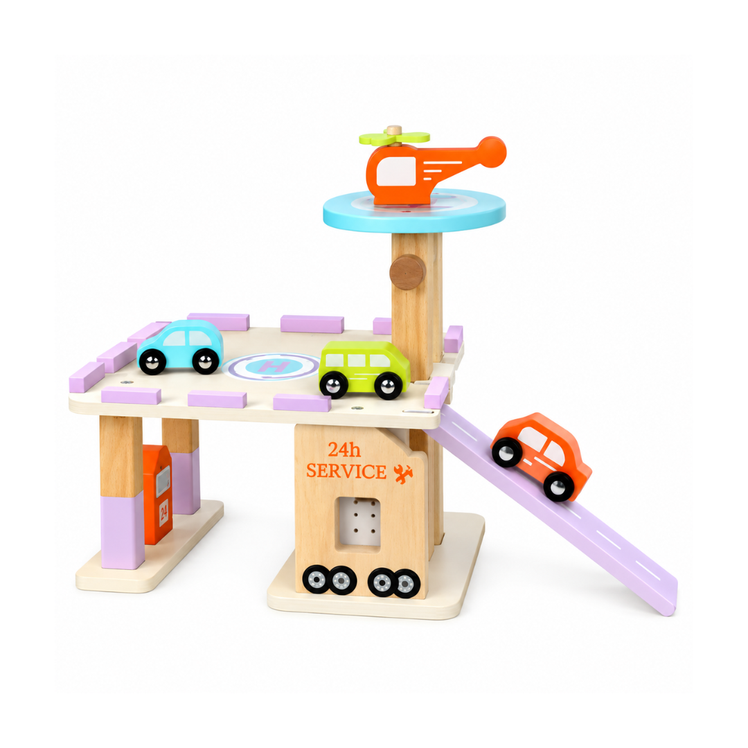 Rainbow Toys Mini Parking Lot Wooden Car Play Set with 3 Cars