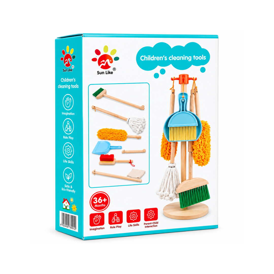 Kids Wooden Cleaning Tools Pretend Play Set with Stand – 36+ Months