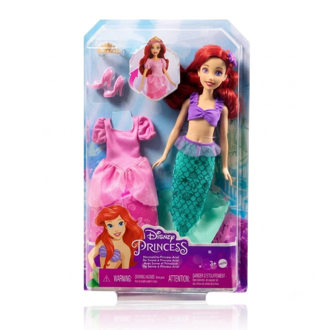 Mattel Disney Princess Toys, Ariel 2-in-1 Mermaid to Princess Doll with 2 Fashions and Accessories,