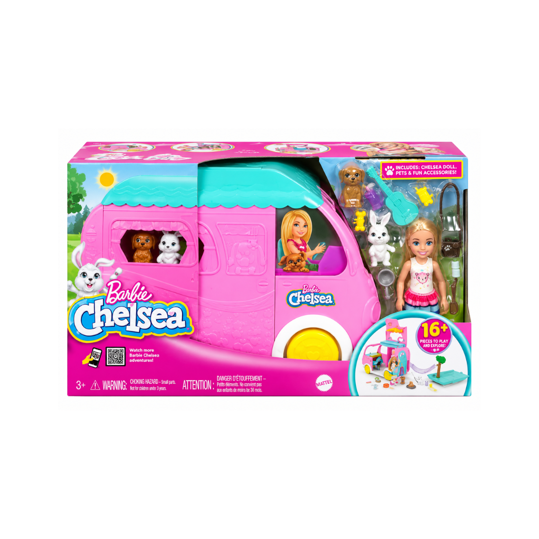 Mattel Barbie Chelsea 2-in-1 Camper Playset With Chelsea Small Doll, 2 Pets and Accessories