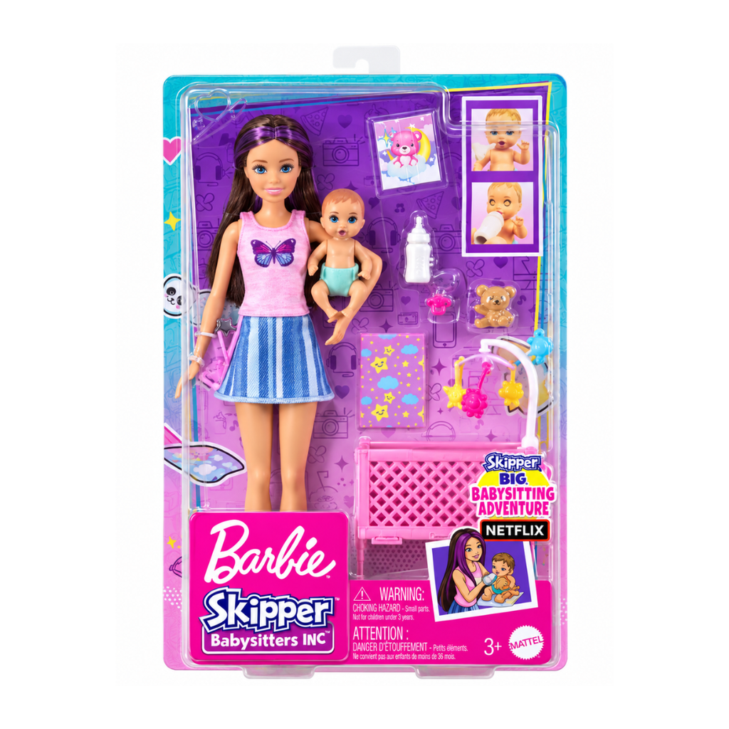 Mattel Barbie Skipper Babysitters Crib Playset with Skipper Doll Baby Doll with Sleepy Eyes, Furniture and Themed Accessories