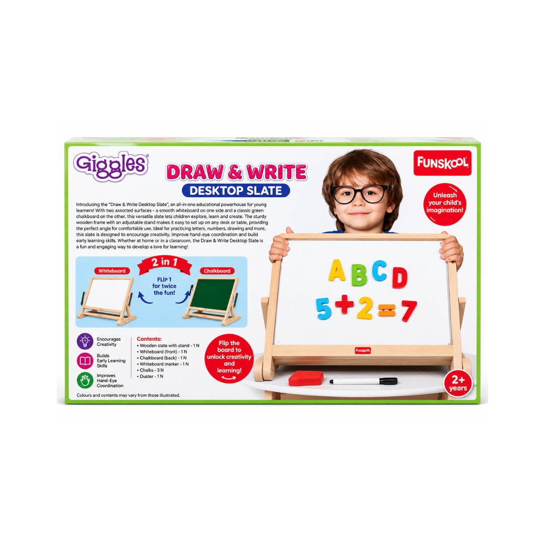Funskool Giggles Draw N Write Desktop Slate, 4 in 1 Double Sided Board