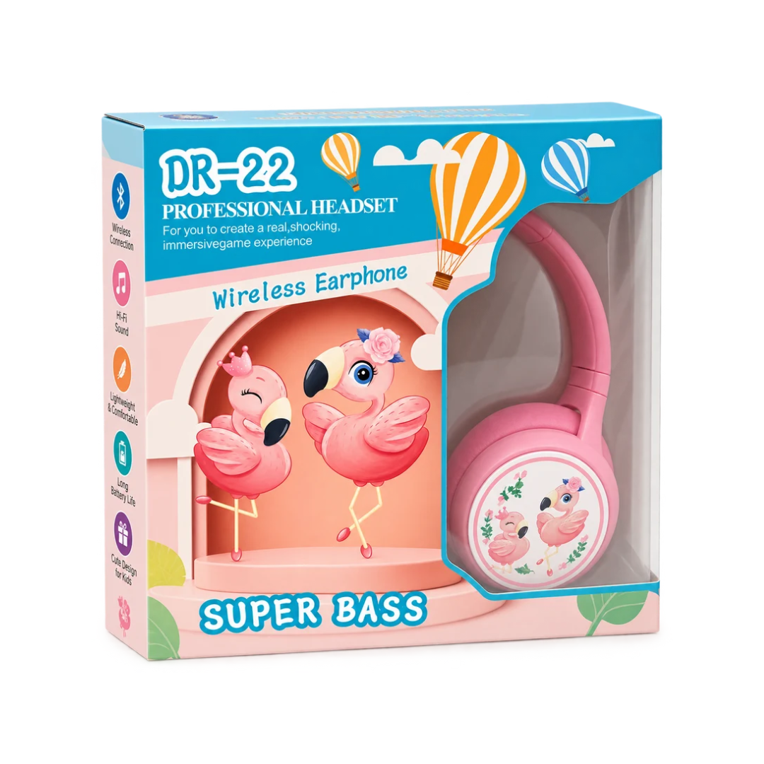 DR-22 Wireless Kids Headphones with Super Bass – Flamingo Design