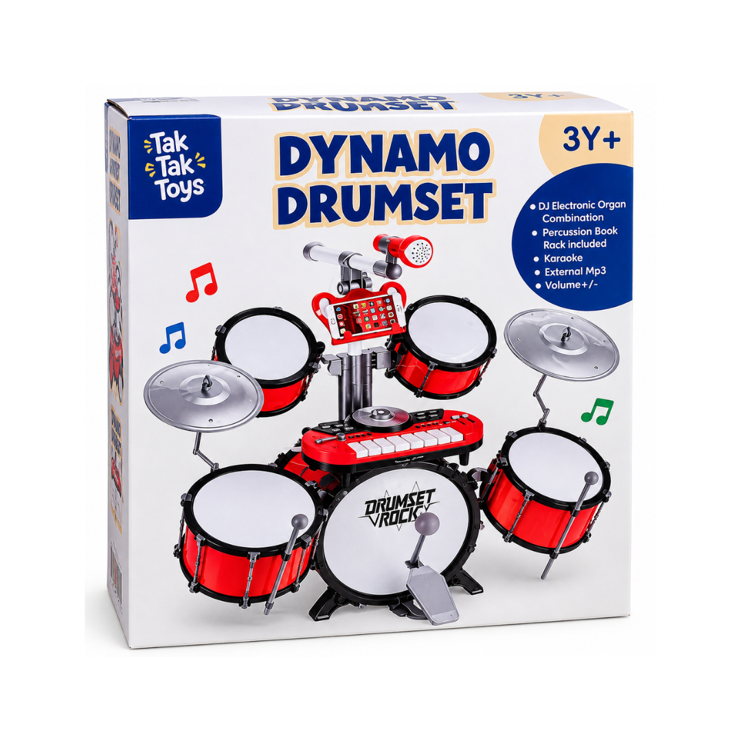 Tak Tak Toys Dynamo Electronic Drum Set with Keyboard, Microphone & Cymbals – 3Y+
