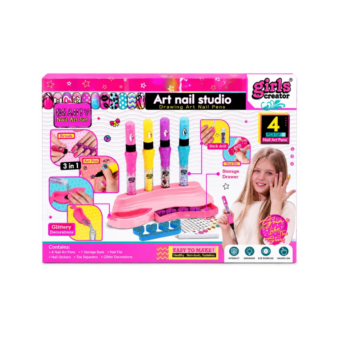 Girls Art Nail Studio 4-Piece Nail Art Pen Set with Nail Design Accessories