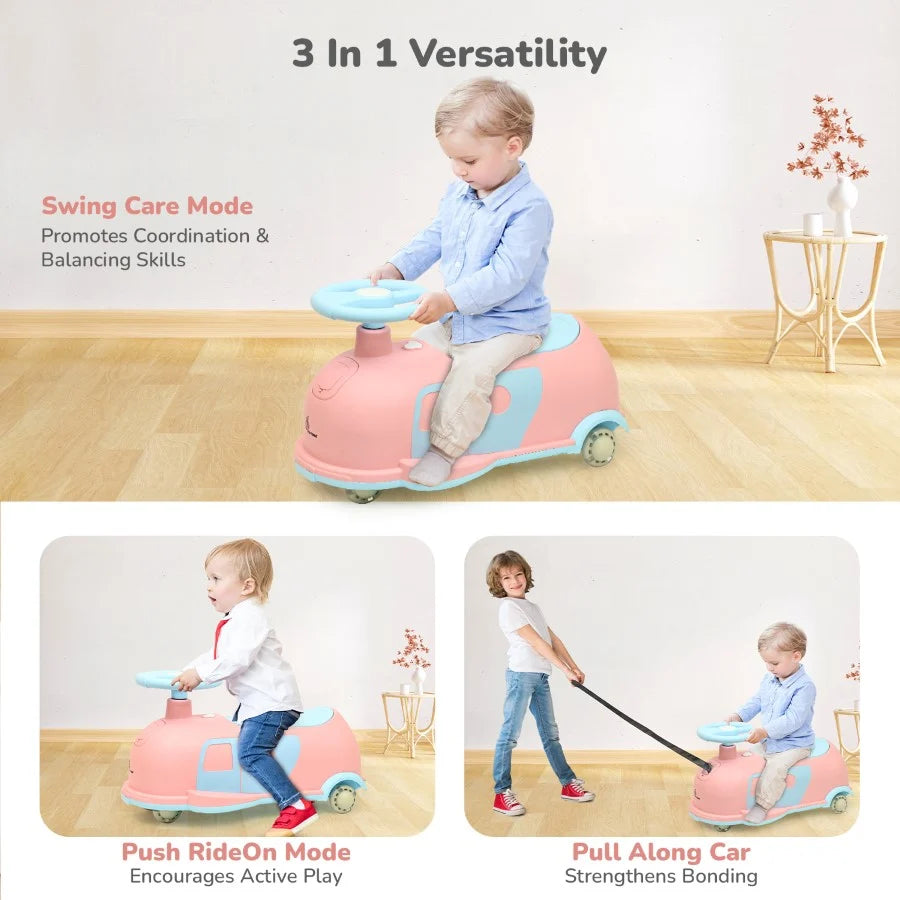 R for Rabbit Iya Iya Caravan 3-in-1 Swing, Push & Pull Ride-On for Kids with PU LED Wheels, ABEC 7 Bearings & Toy Storage – Pink Blue