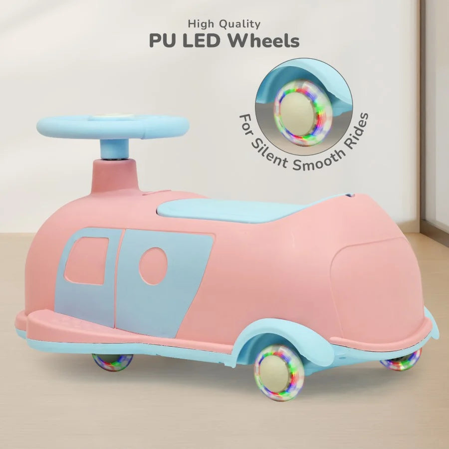 R for Rabbit Iya Iya Caravan 3-in-1 Swing, Push & Pull Ride-On for Kids with PU LED Wheels, ABEC 7 Bearings & Toy Storage – Pink Blue