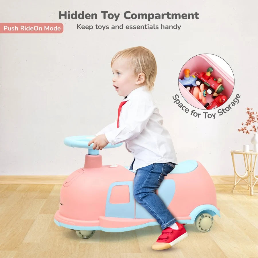 R for Rabbit Iya Iya Caravan 3-in-1 Swing, Push & Pull Ride-On for Kids with PU LED Wheels, ABEC 7 Bearings & Toy Storage – Pink Blue
