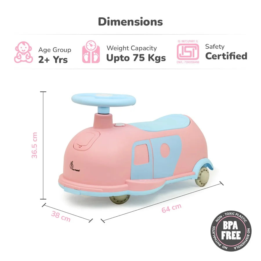 R for Rabbit Iya Iya Caravan 3-in-1 Swing, Push & Pull Ride-On for Kids with PU LED Wheels, ABEC 7 Bearings & Toy Storage – Pink Blue