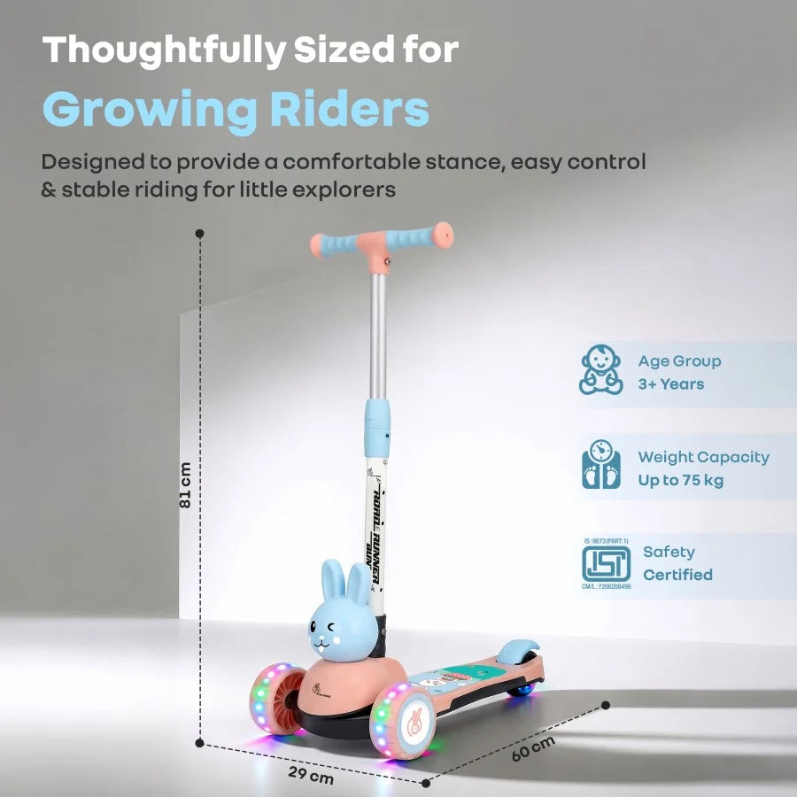 R for Rabbit Road Runner Bunny 3-Wheel Kick Scooter for Kids with PU LED Wheels, Adjustable Height & Foldable Design – Blue Peach