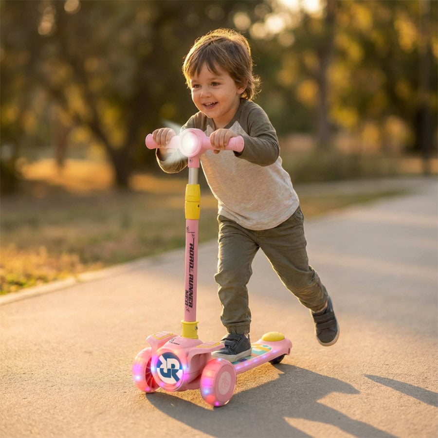 R for Rabbit Road Runner Neo Kids Scooter with LED PU Wheels, Music, Gravity Steering, 4-Level Height Adjustment Pink Yellow
