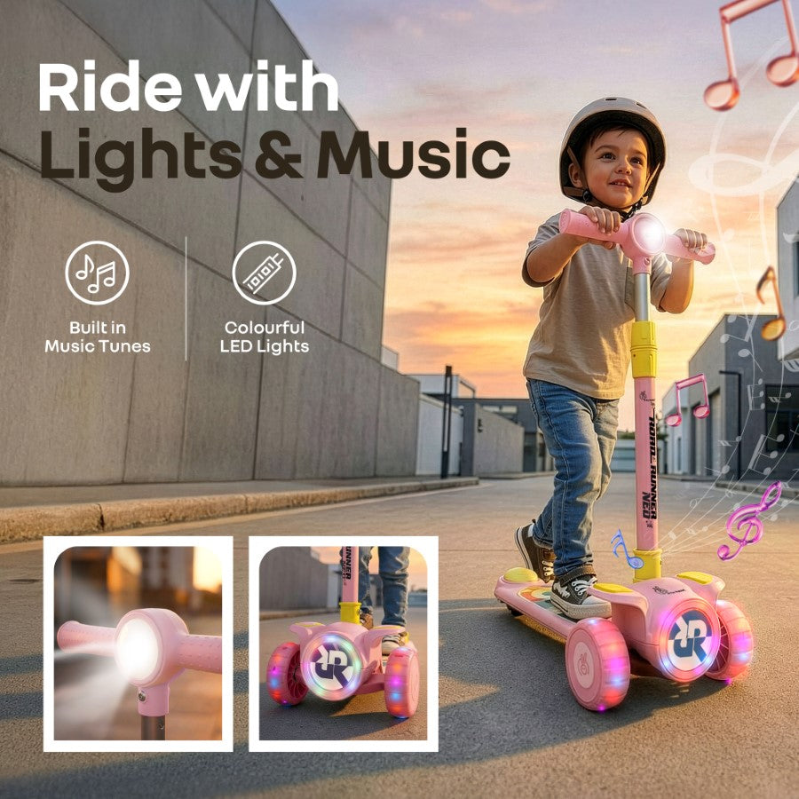 R for Rabbit Road Runner Neo Kids Scooter with LED PU Wheels, Music, Gravity Steering, 4-Level Height Adjustment Pink Yellow