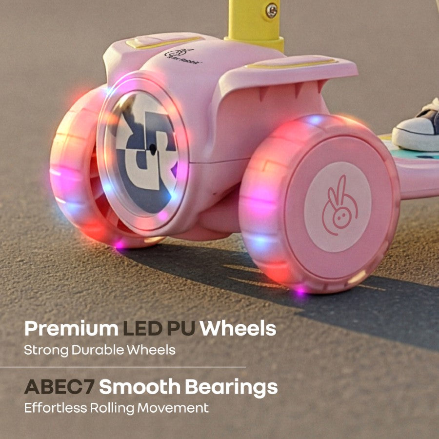 R for Rabbit Road Runner Neo Kids Scooter with LED PU Wheels, Music, Gravity Steering, 4-Level Height Adjustment Pink Yellow